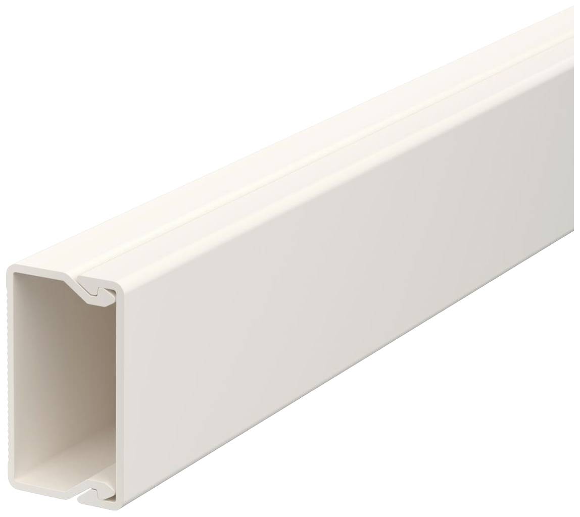 Ein rechteckiger, beiger Kabelkanal mit offenem Ende, zur geordneten Führung von Kabeln in Innenräumen konzipiert.