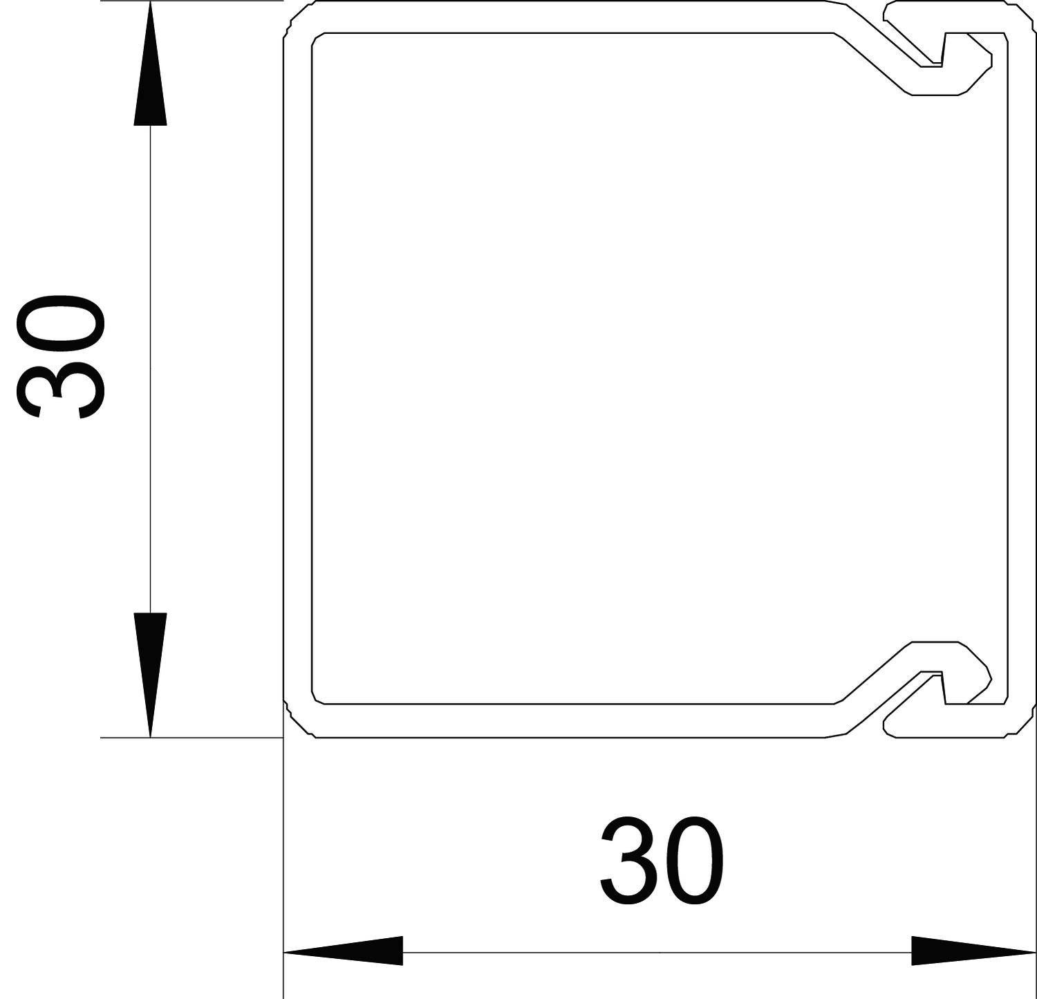 Technische Zeichnung eines quadratischen Profils mit den Maßen 30x30 mm und einer spezifischen Kontur.