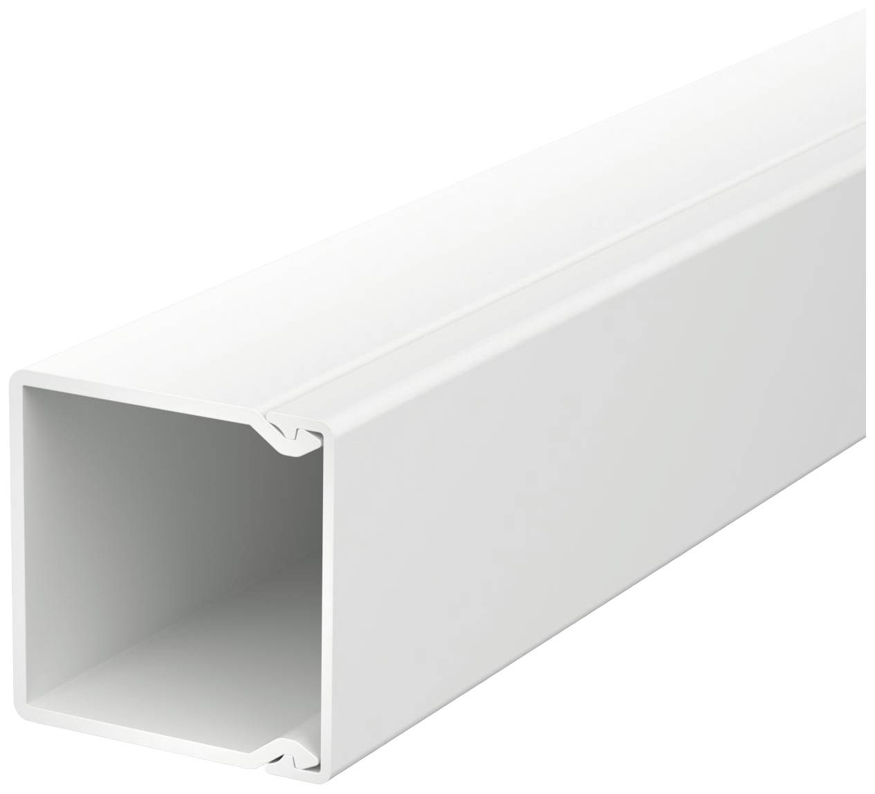 Ein weißer Kunststoffkabelkanal in rechteckiger Form, geöffnet an einem Ende. Wird zur ordentlichen Führung von Kabeln verwendet.