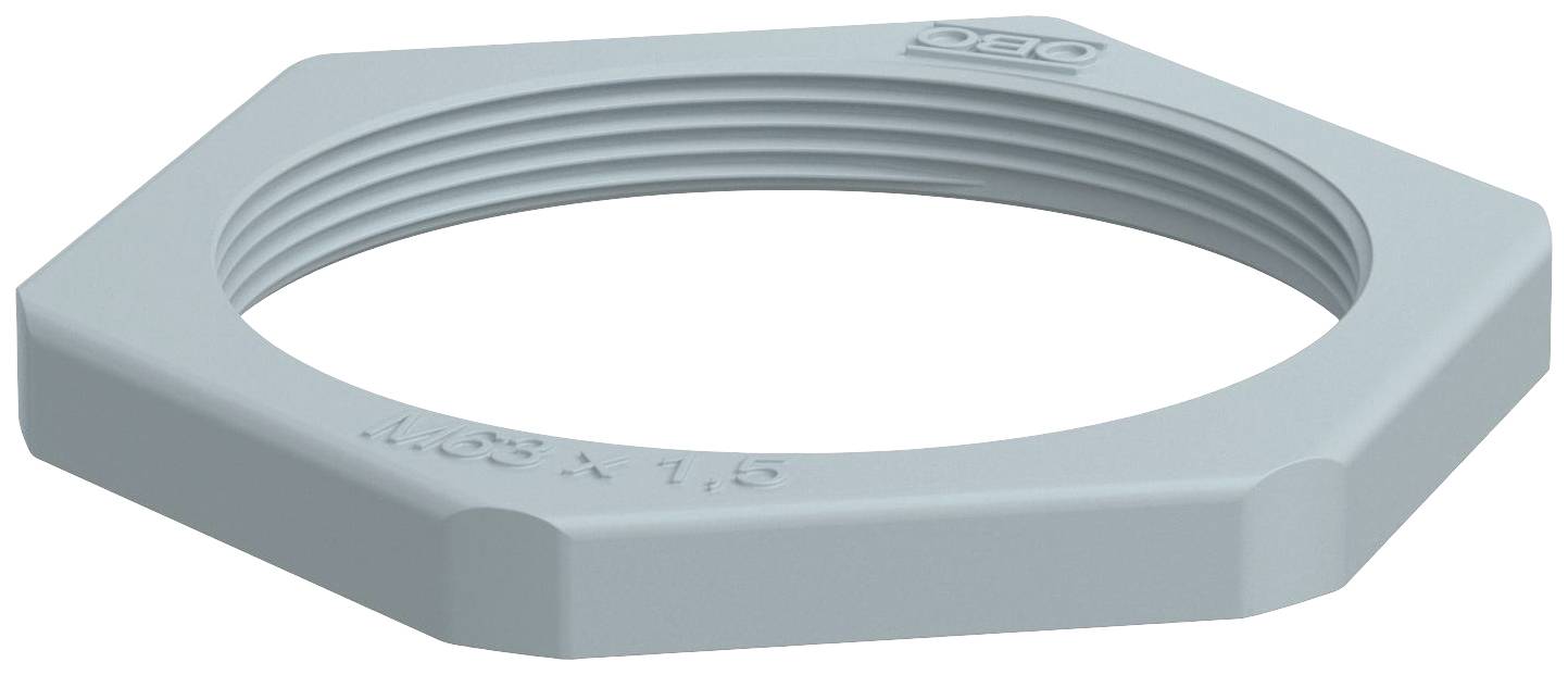 Sechskantmutter aus Metall mit Innengewinde, grau gefärbt, von der Seite betrachtet. Markierung mit Symbol und Zahlen auf der Oberfläche.