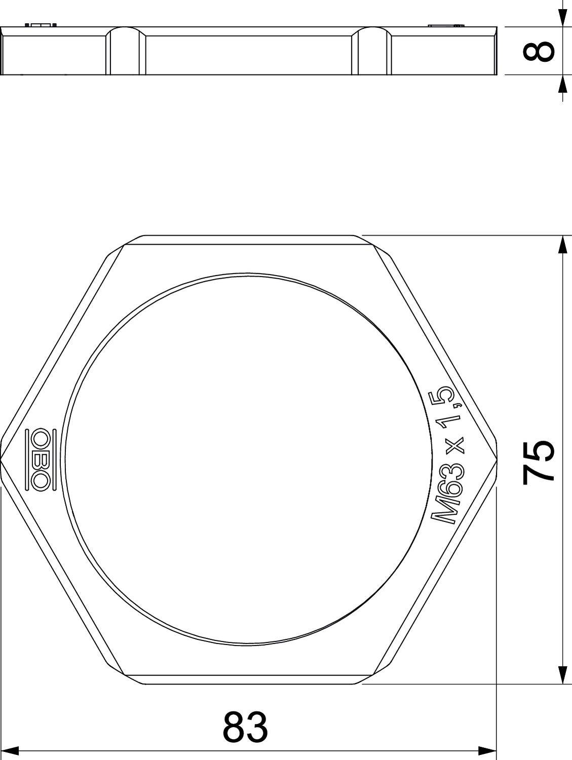 Technische Zeichnung einer sechseckigen Mutter. Maße: 83 mm Breite, 75 mm Höhe, 8 mm Dicke. Beschriftung: 'M68 x 1,5'.