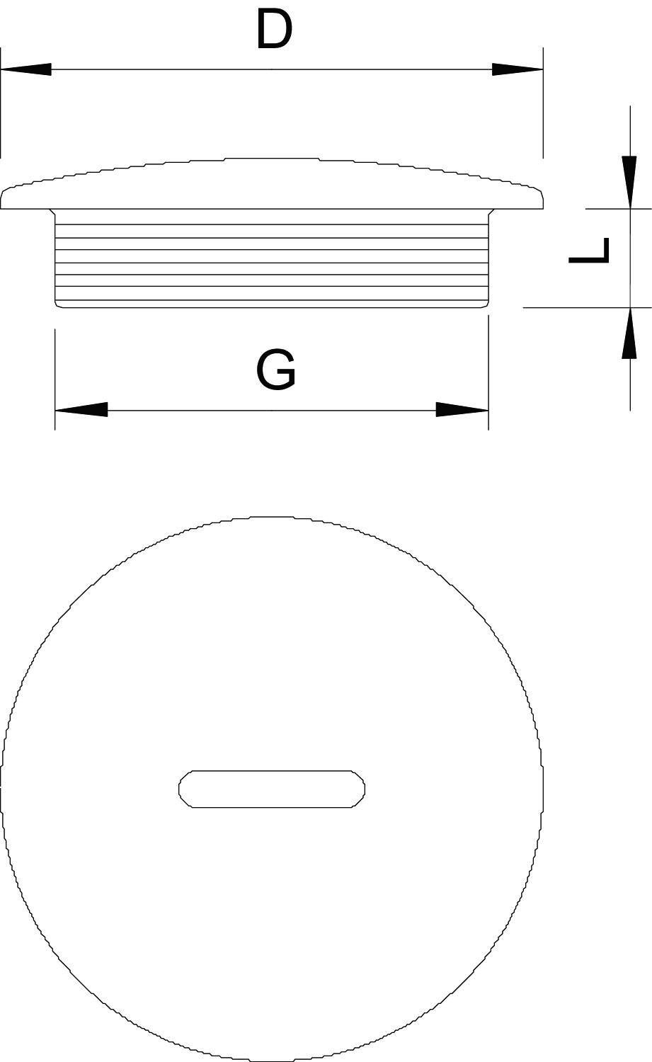 Eine technische Zeichnung zeigt eine runde Verschlusskappe mit den Maßen D (Durchmesser), G (Gewinde) und L (Länge). Draufsicht und Seitenansicht.