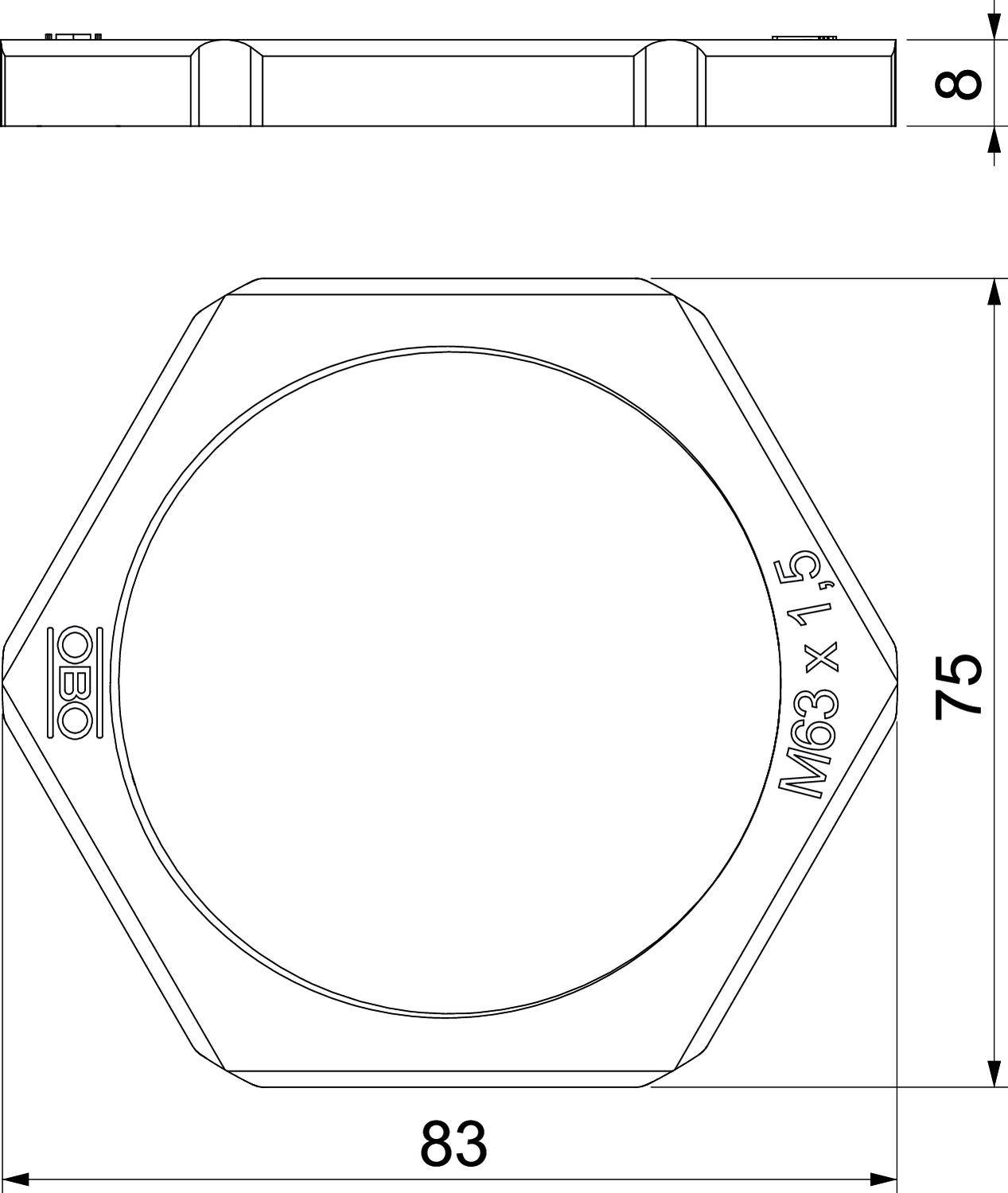 Technische Zeichnung einer sechseckigen Mutter mit den Maßen 83 mm und 75 mm. Seitliche Dicke 8 mm. Beschriftung: 'M63 x 1,5'.