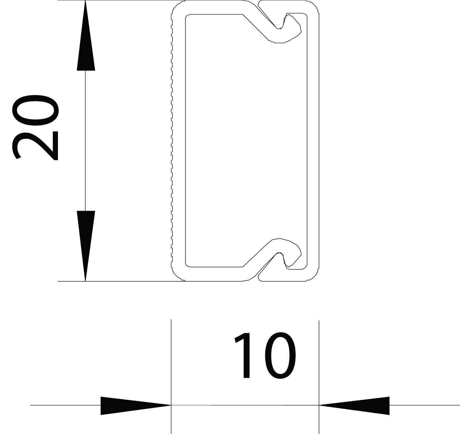 Querschnitt einer rechteckigen Nutführung mit Maßen: Höhe 20 mm, Breite 10 mm. Die Zeichnung zeigt Rillen zur Befestigung von Bauteilen.