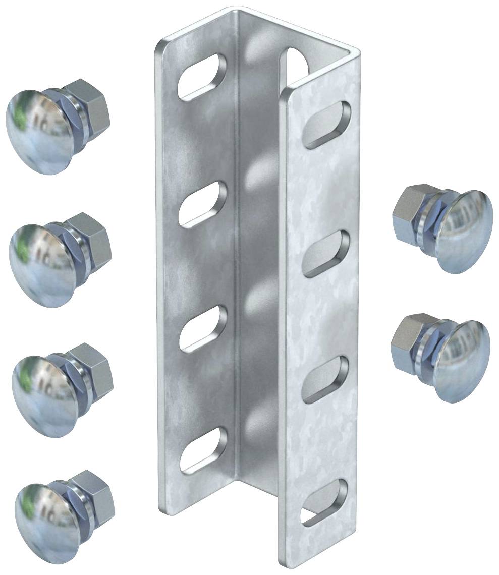 Metallwinkel mit mehreren Löchern, umgeben von sechs Schrauben mit Muttern, möglicherweise zur Befestigung in Bauprojekten gedacht.