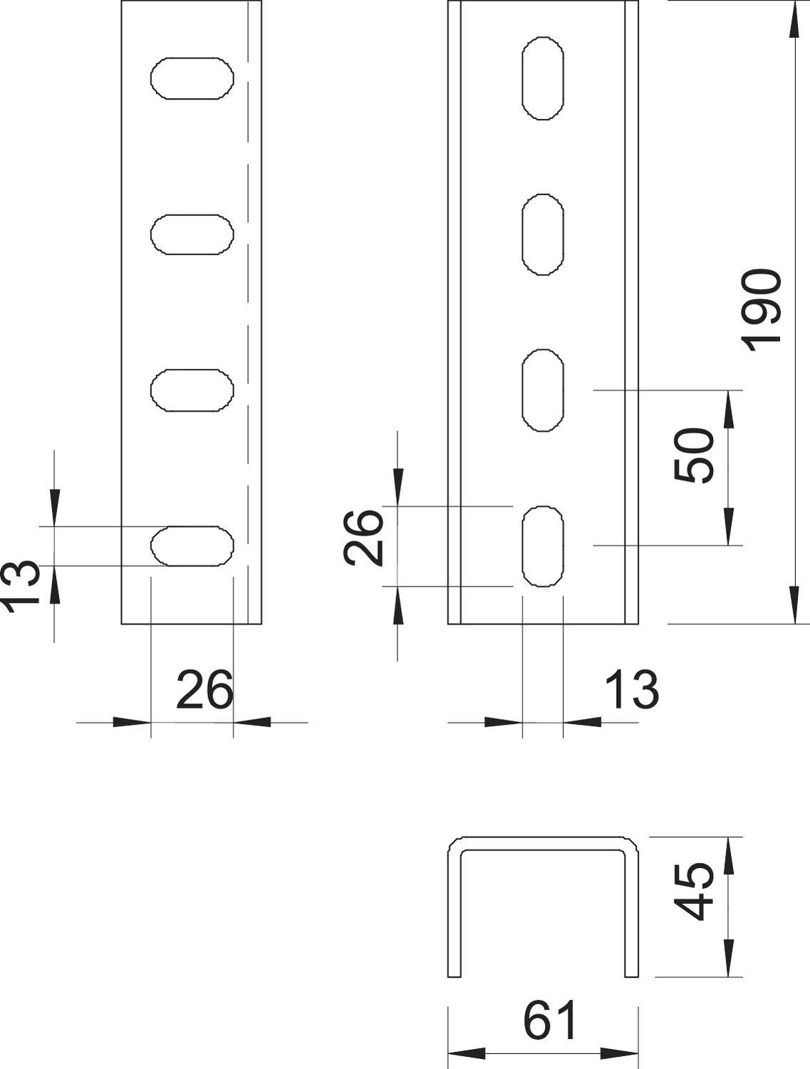 Technische Zeichnung eines Metallprofils mit Maßen: 190 mm Länge, 26 mm Breite, Löcher mit 13 mm Abstand, U-Profil mit 61 mm Breite.