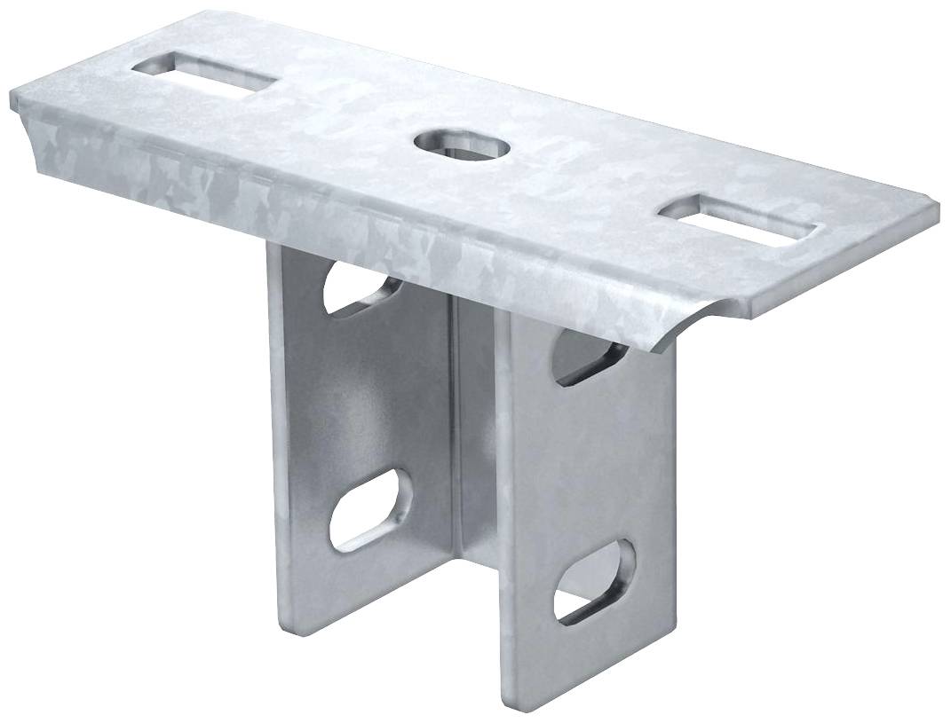Ein verzinktes Stahlbauteil mit mehreren Langlöchern und Abstützungen, verwendet zur Befestigung und Stabilisierung in Baukonstruktionen.
