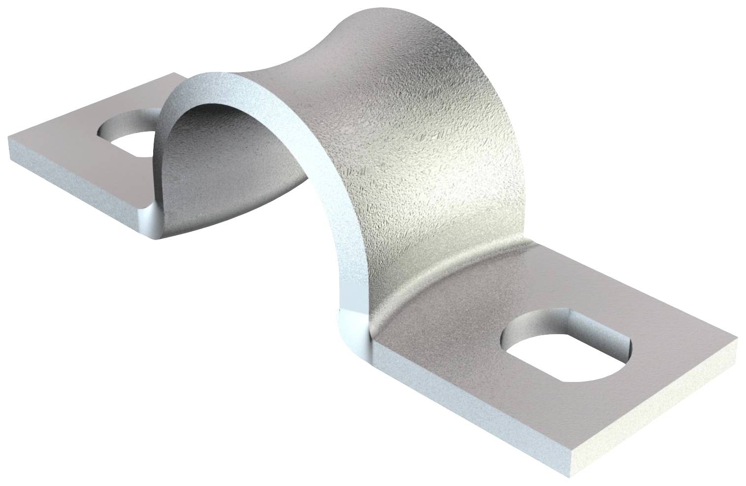 Metallschelle zur Befestigung von Röhren oder Kabeln, mit gewölbtem Mittelteil und Löchern an den Enden für Schraubenbefestigung.