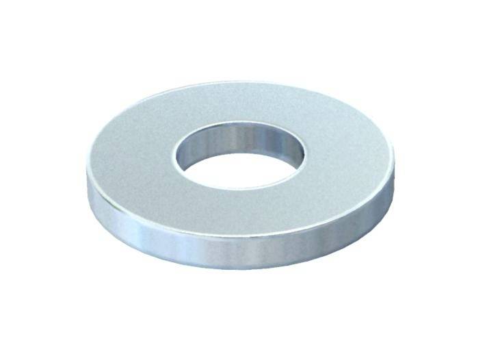 Unterlegscheibe aus Metall. Rund mit einem zentralen Loch. Oft zur Verteilung von Lasten verwendet.