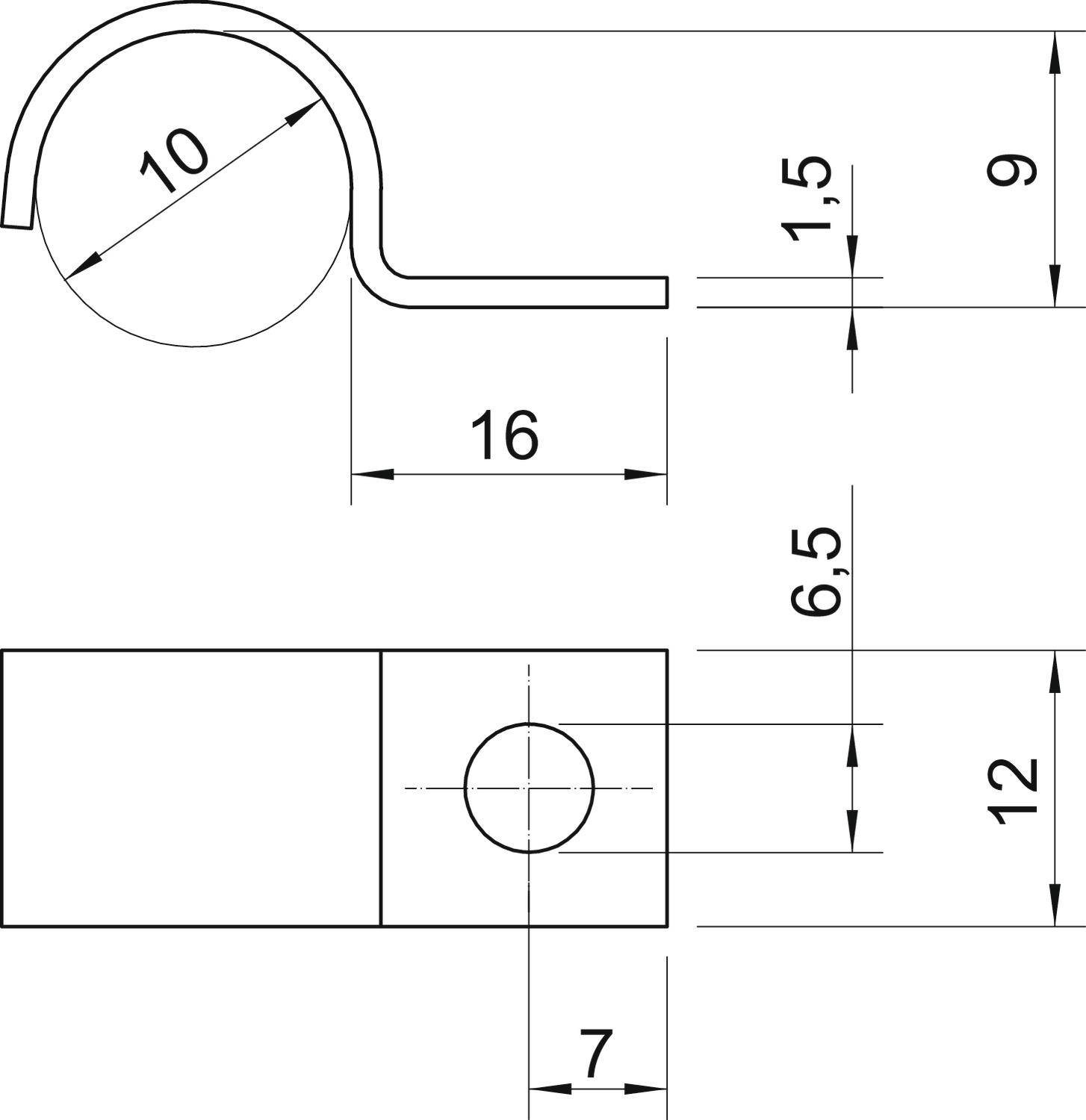 Technische Zeichnung eines L-förmigen Bauteils mit Biegeelement, Maße in Millimetern: Rundung 10, Höhe 9, Breite 16, Bohrung 6,5, Gesamthöhe 12.