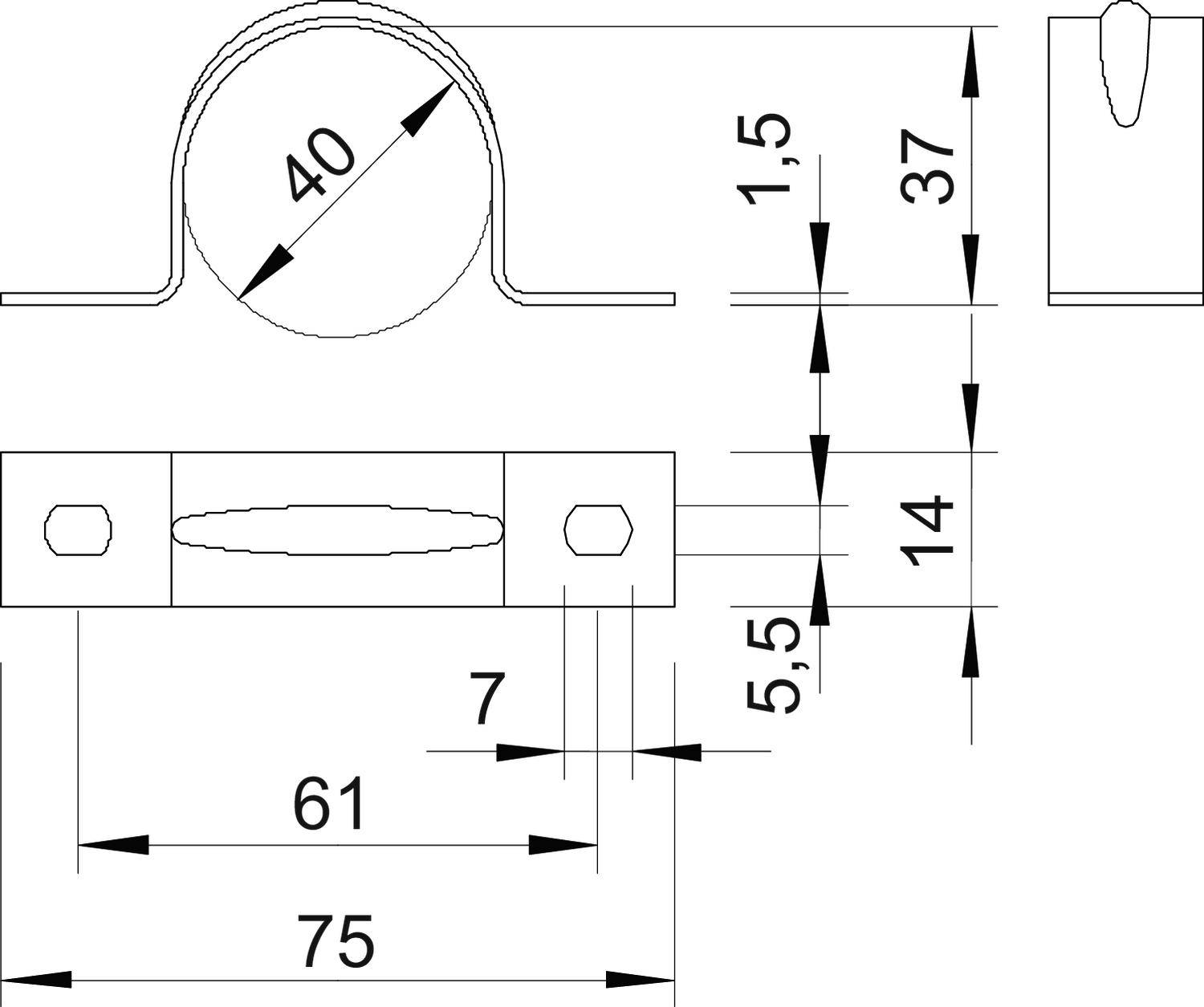 Technische Zeichnung einer Rohrschelle mit Maßen: Durchmesser 40 mm, Gesamtlänge 75 mm und verschiedene Höhenangaben.
