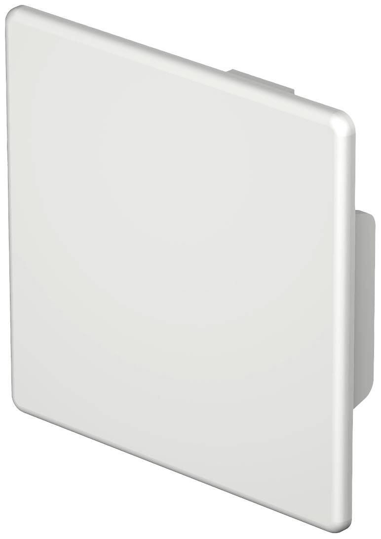 Weiße, quadratische Abdeckung aus Kunststoff, vermutlich für eine Steckdose oder Schalter, auf weißem Hintergrund.
