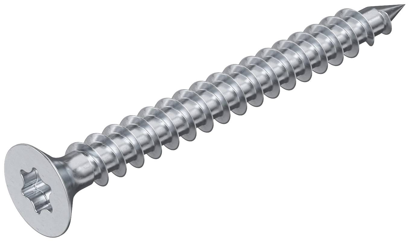 Eine silberne Metallschraube mit Kreuzschlitz-Antrieb, flachem Kopf und scharfer Spitze.