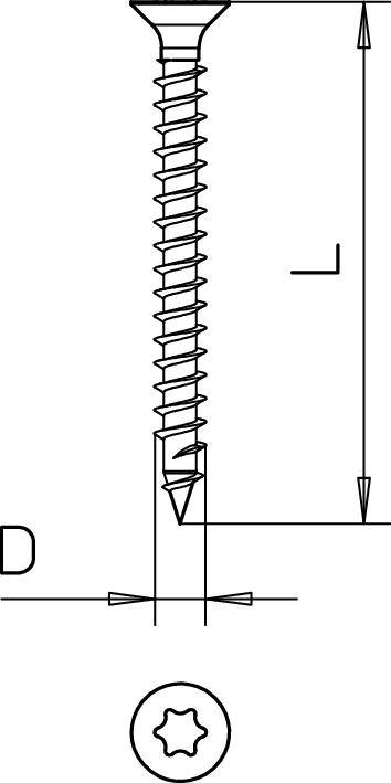 Technische Zeichnung einer Schraube mit Torx-Kopf. Zeigt Länge und Durchmesser.