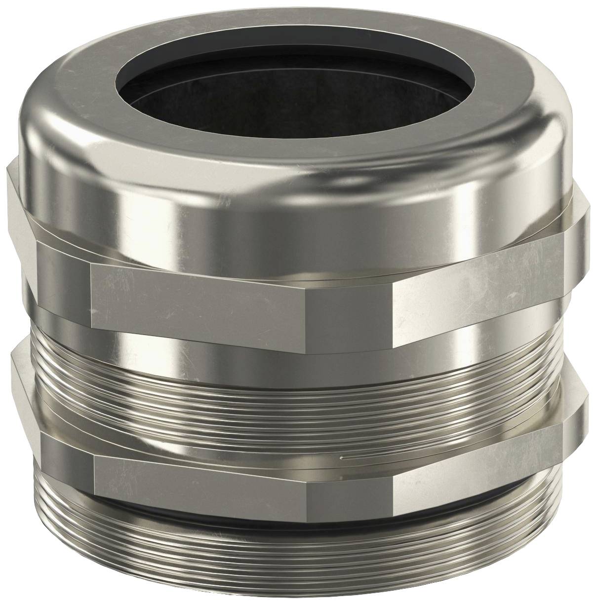 Ein glänzender Metallkabelverschraubung mit Gewinde, zur sicheren Kabeldurchführung und Abdichtung, ideal für industrielle Anwendungen.