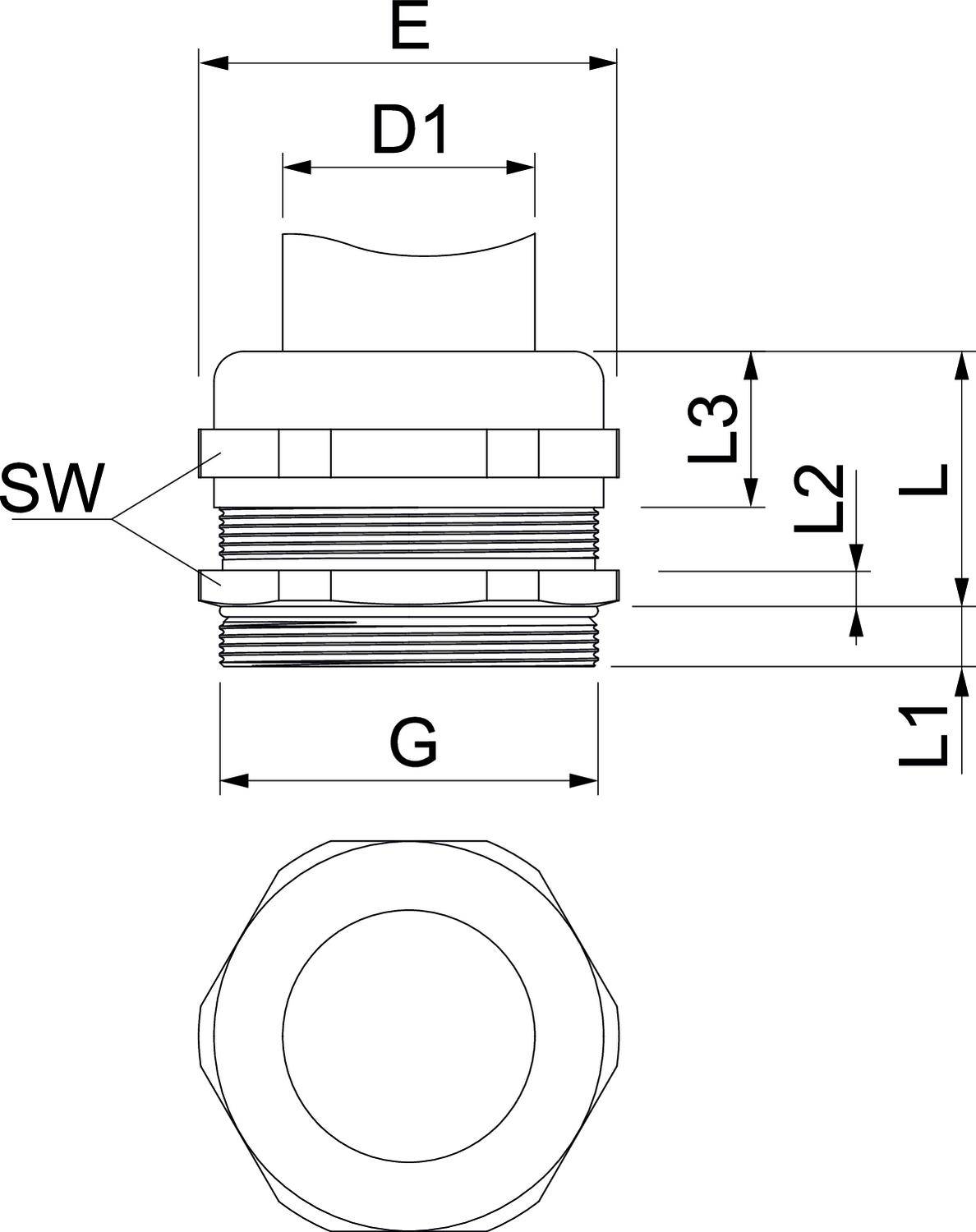 Technische Zeichnung eines Verschlussstopfens mit Maßen: E, D1, SW, G, L, L1, L2 und L3. Seitenansicht und Draufsicht.
