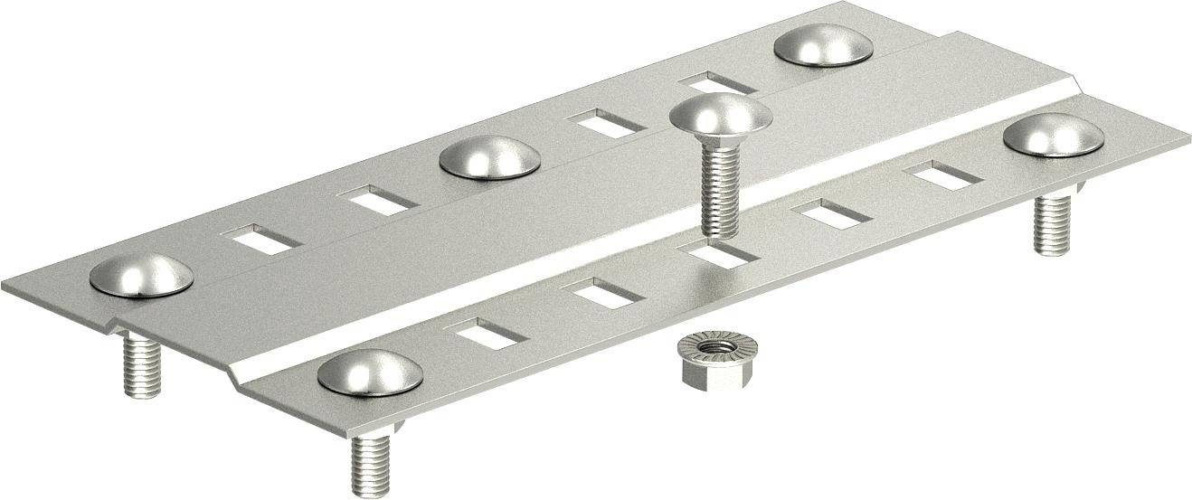 Metallplatte mit fünf Löchern, Schrauben und einer Mutter, wahrscheinlich zur Befestigung oder Montage in technischen Anwendungen.