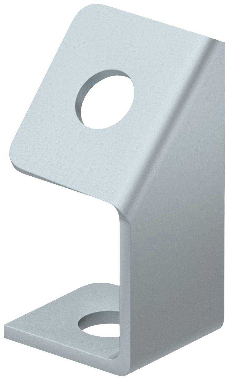 Metallwinkel in L-Form mit zwei Löchern zur Befestigung, obere Fläche schräg nach außen gebogen. Geeignet für Konstruktionsanwendungen.
