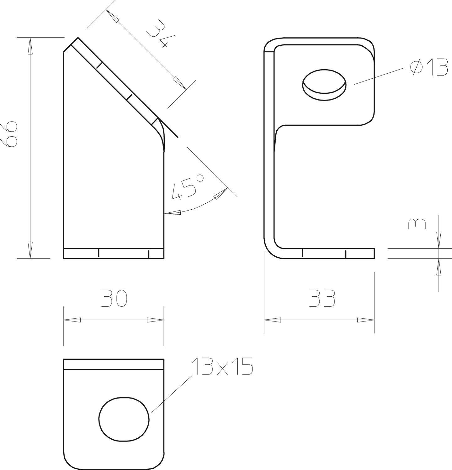 Technische Zeichnung eines Metallwinkels mit Maßen: Höhe 66 mm, Breite 30 mm, Tiefe 33 mm. Winkel 45 Grad, Lochdurchmesser 13 mm.