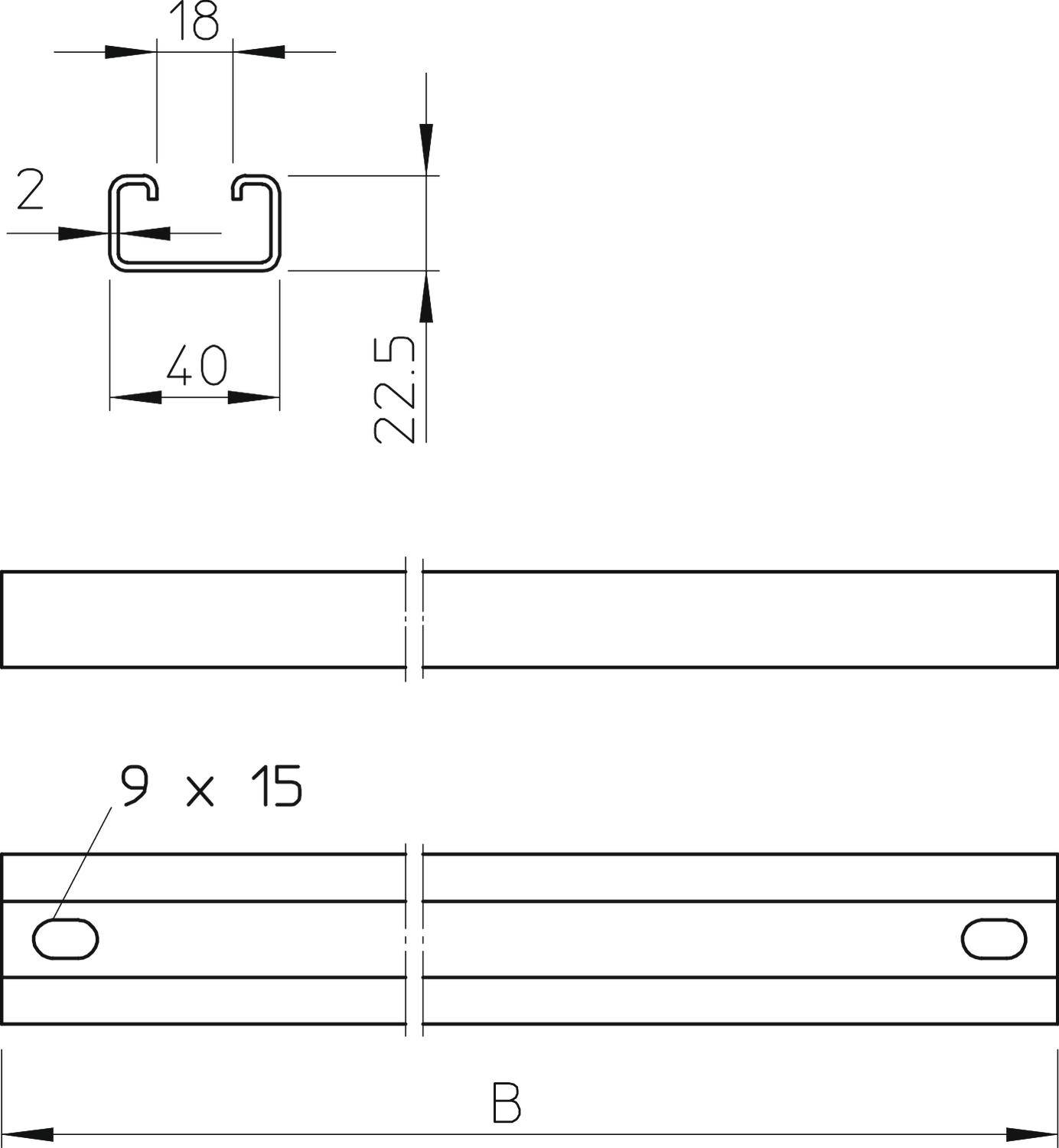 Technische Zeichnung eines Metallprofils mit Maßen: oben Querschnitt, unten Seitenansicht mit Schlitzlöchern ('9 x 15').