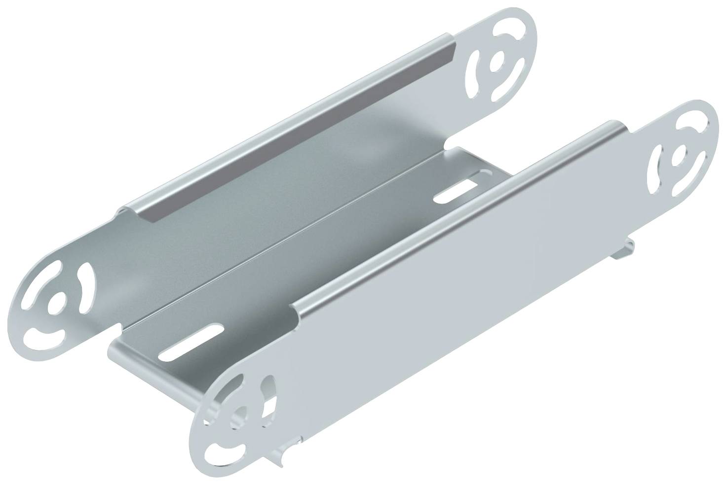 Metallisches Montagebauteil mit Schlitzen und ovalen Löchern, geeignet für Befestigung und Halterung in verschiedenen Anwendungen.