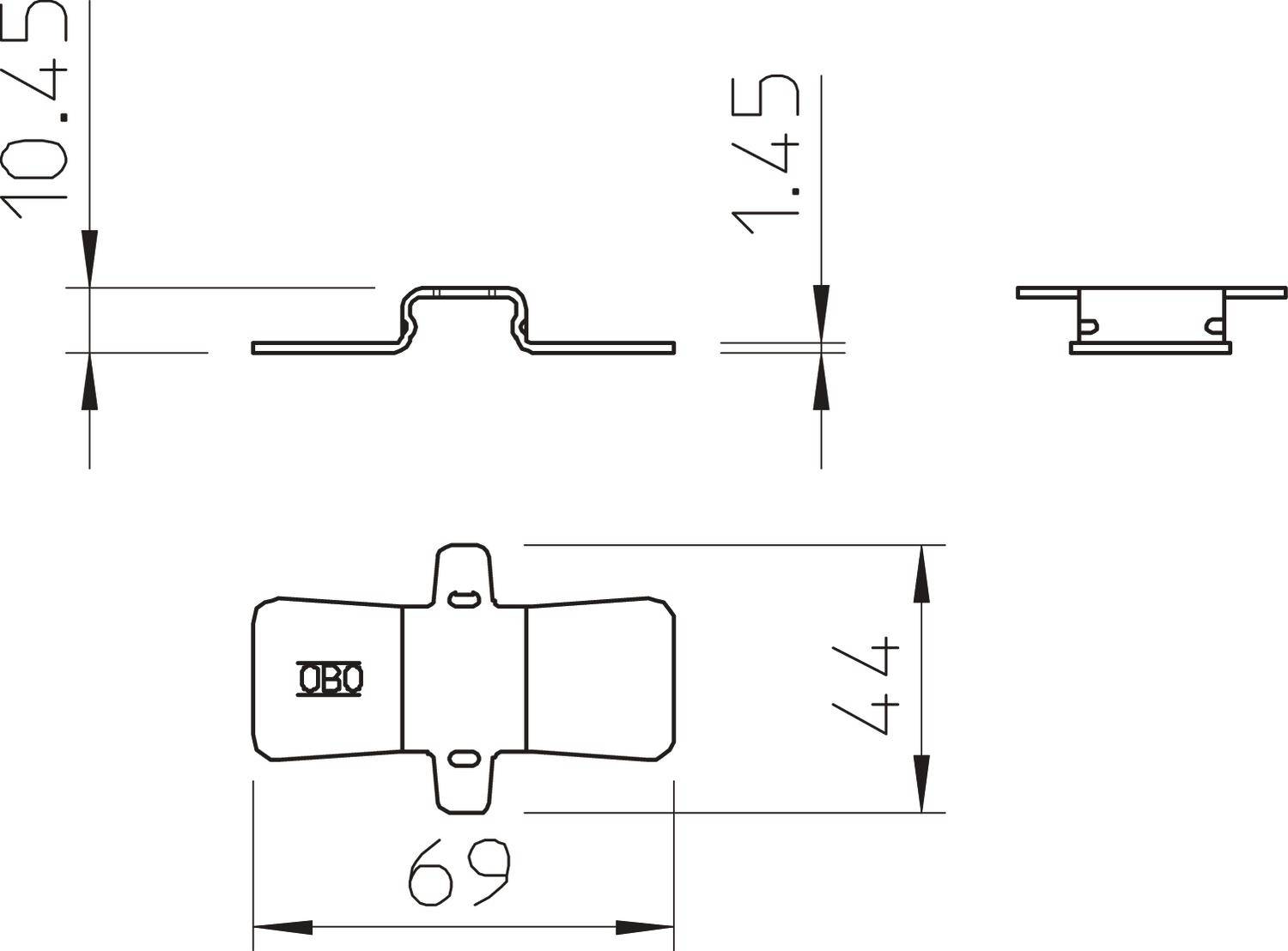 Technische Zeichnung eines Metallprofils mit Maßen: Breite 69 mm, Höhe 10,45 mm, Tiefe 1,45 mm. Zeigt Vorder- und Seitenansicht.
