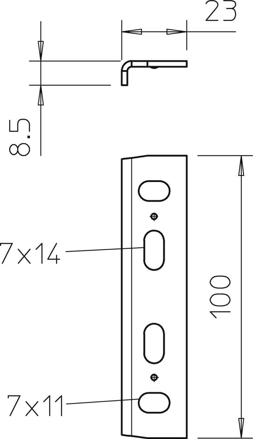 Technische Zeichnung eines Metallklammers. Maße: 23 mm Breite, 85 mm Länge; enthält Bohrungen von 7x14 mm und 7x11 mm.