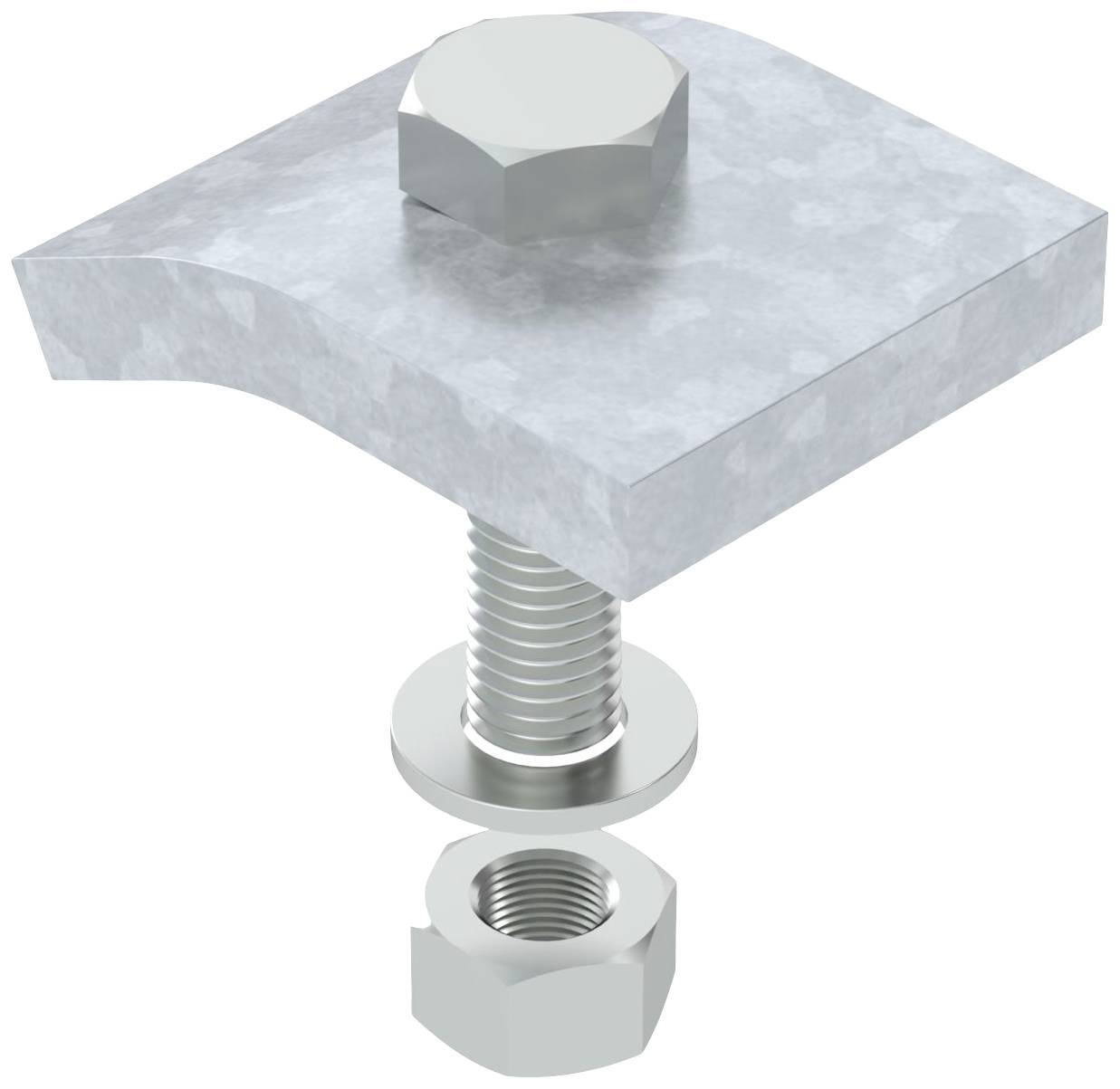 Explosionszeichnung einer Schraubenverbindung durch Metallplatte, bestehend aus Schraube, Unterlegscheibe und Mutter.