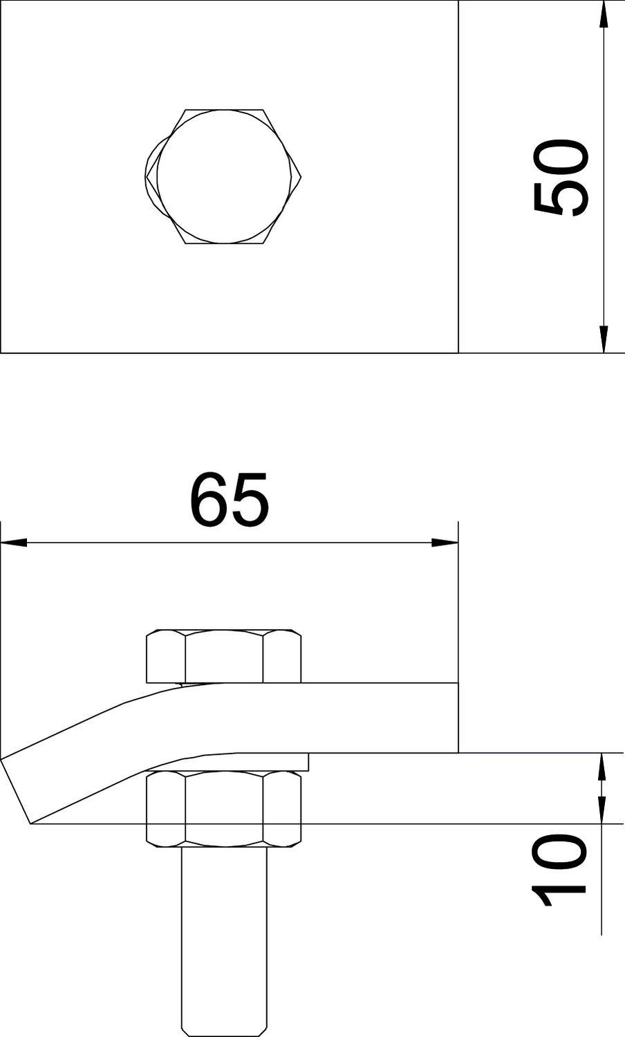 Technische Zeichnung eines Befestigungselements mit Maßen: oben 50, seitlich 65, Höhe 10 mm. Schraube oben sichtbar.