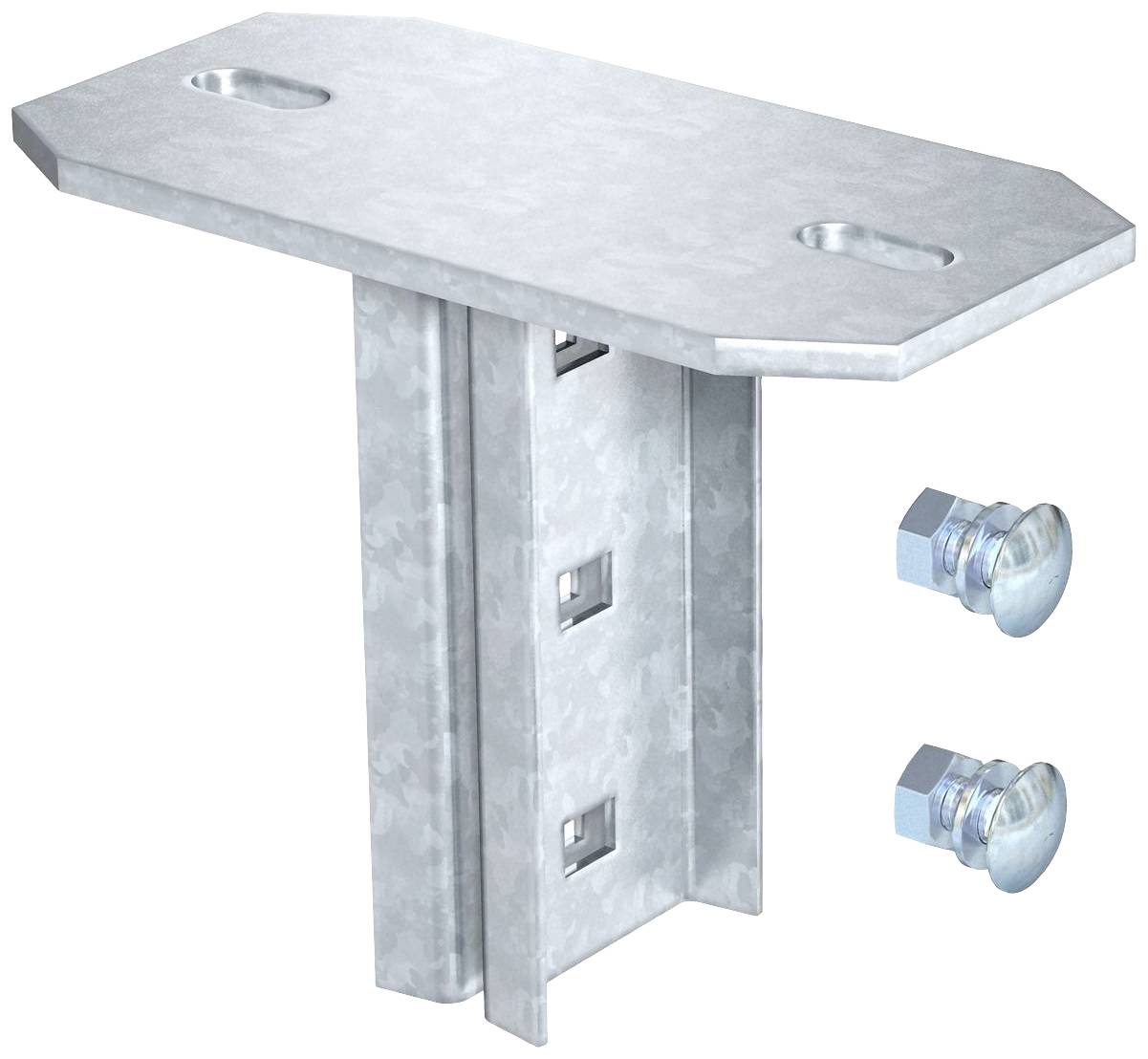 Ein L-förmiger Metallwinkel mit zwei Schrauben daneben. Der Winkel hat Löcher für Schraubmontage und ist aus verzinktem Stahl.