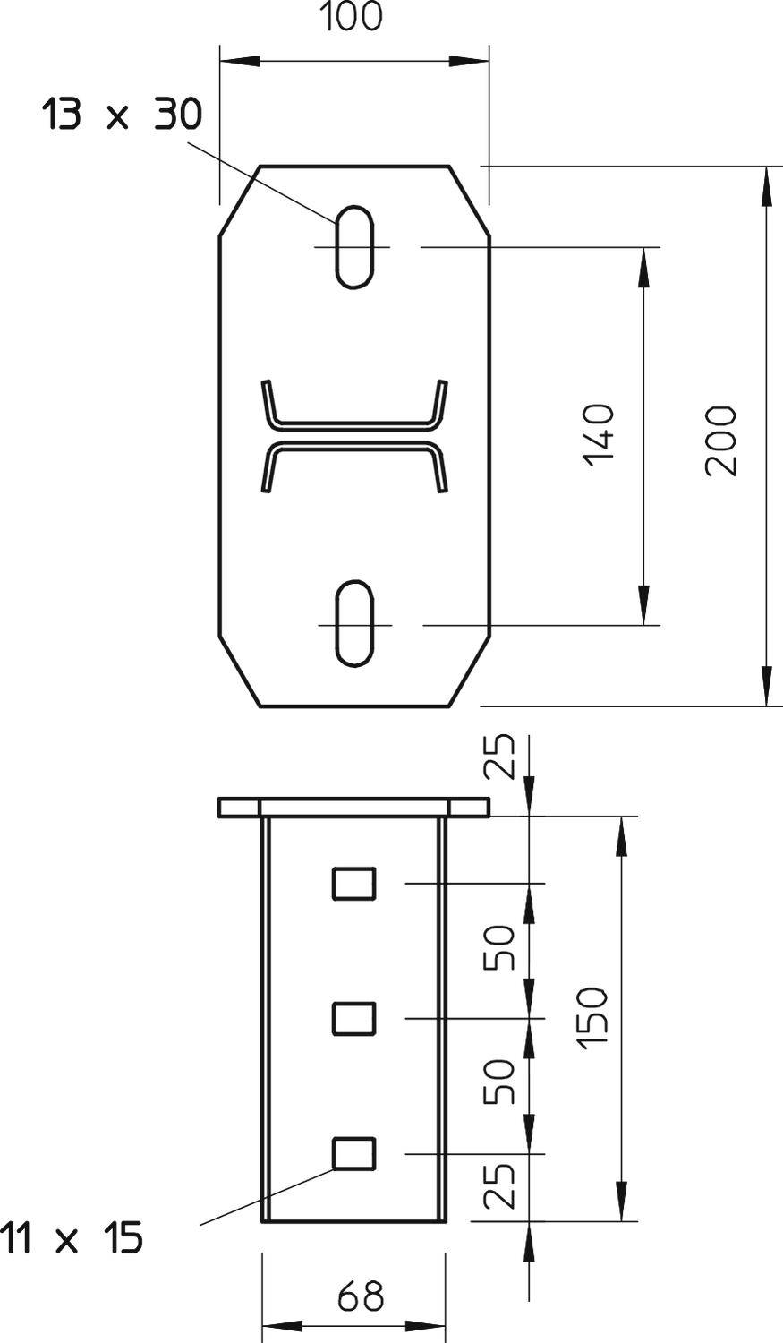 Technische Zeichnung eines Metallbeschlags mit Maßen in Millimetern: 200 x 100 Draufsicht; 140 Höhe, 68 Breite Seitenansicht.