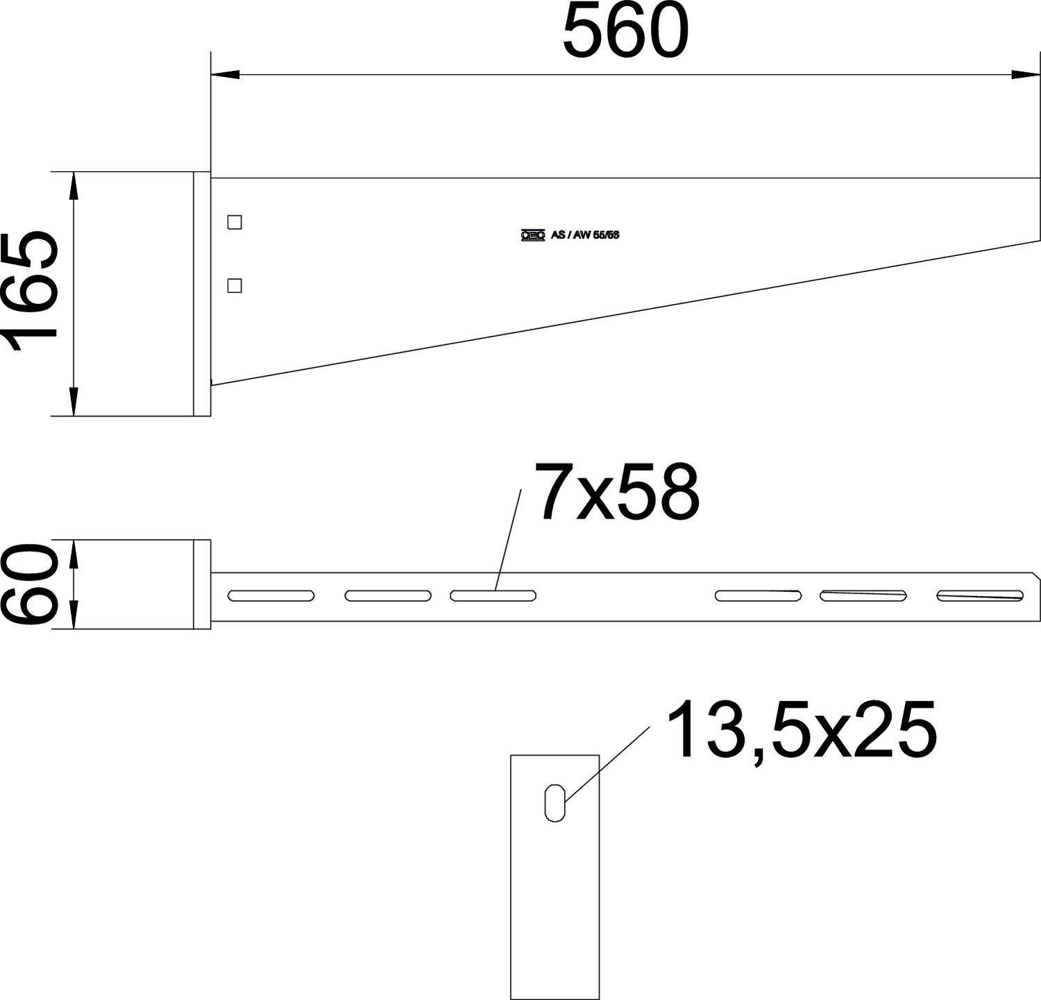Montagezeichnung eines Wandträgers mit den Maßen 560 mm Länge, 165 mm Höhe, 60 mm Breite. Lochmaße: 7x58 mm, 13,5x25 mm.