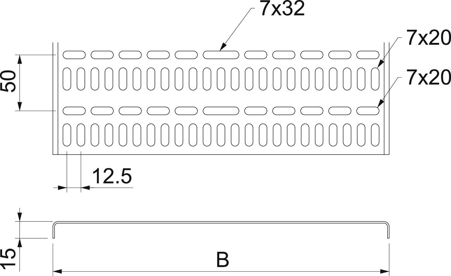 Oben: Technische Zeichnung einer quadratischen Platte mit Schlitzen (7x32 und 7x20) und Maßen 50x12,5. Unten: Seitenansicht der Platte, Breite 'B', Höhe 15.