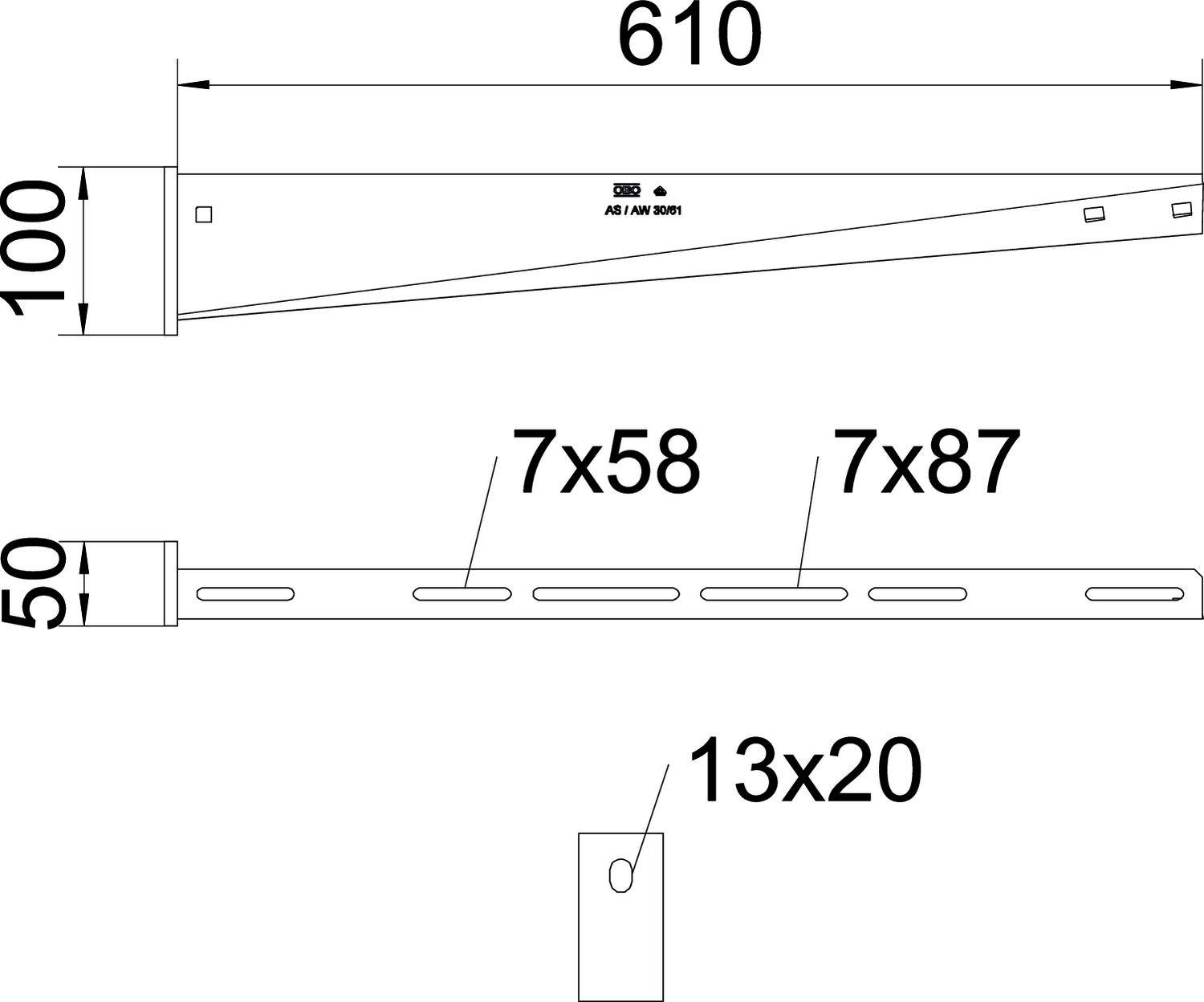 Technische Zeichnung einer Metallkonsole mit Abmessungen: Länge 610mm, Höhe 100mm, Breite 50mm; Bohrungen 7x58mm, 7x87mm, 13x20mm.