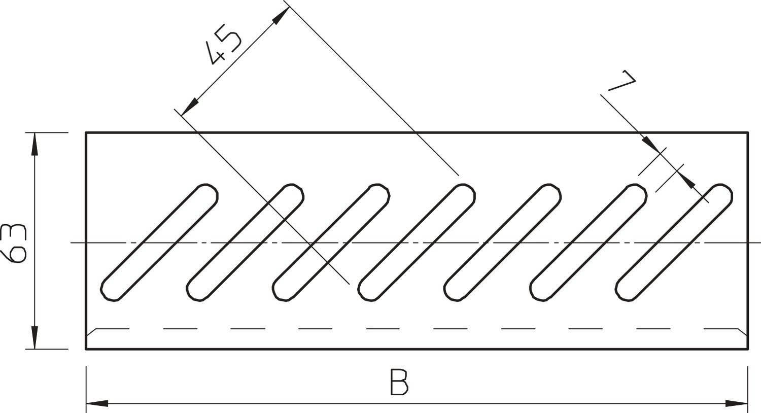 Technische Zeichnung eines rechteckigen Metallteils mit diagonalen Schlitzen. Maße: Höhe 63 mm, Schlitzabstand 45 mm, Schlitzbreite 7 mm.