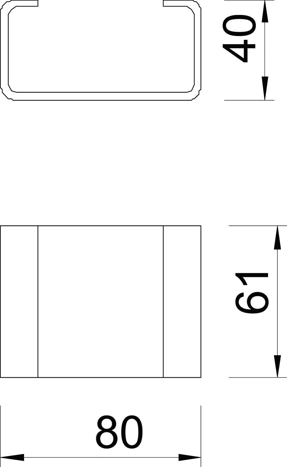 Technische Zeichnung eines rechteckigen Objekts. Oben: U-förmige Öffnung, 40 mm. Unten: Breite 80 mm, Höhe 61 mm.
