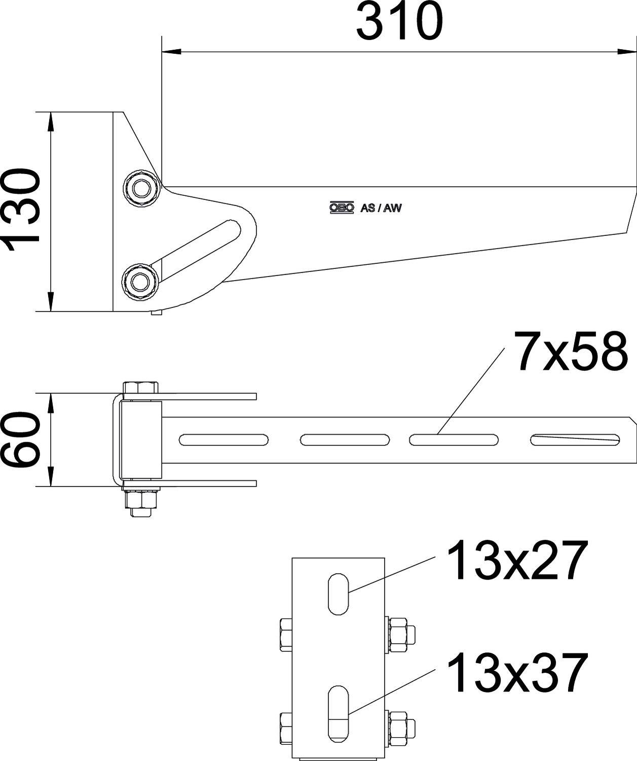 Technische Zeichnung einer Halterung mit Maßen: 310 mm lang, 130 mm hoch, 60 mm tief. Schraubenlöcher: 7x58 mm, 13x27 mm, 13x37 mm.