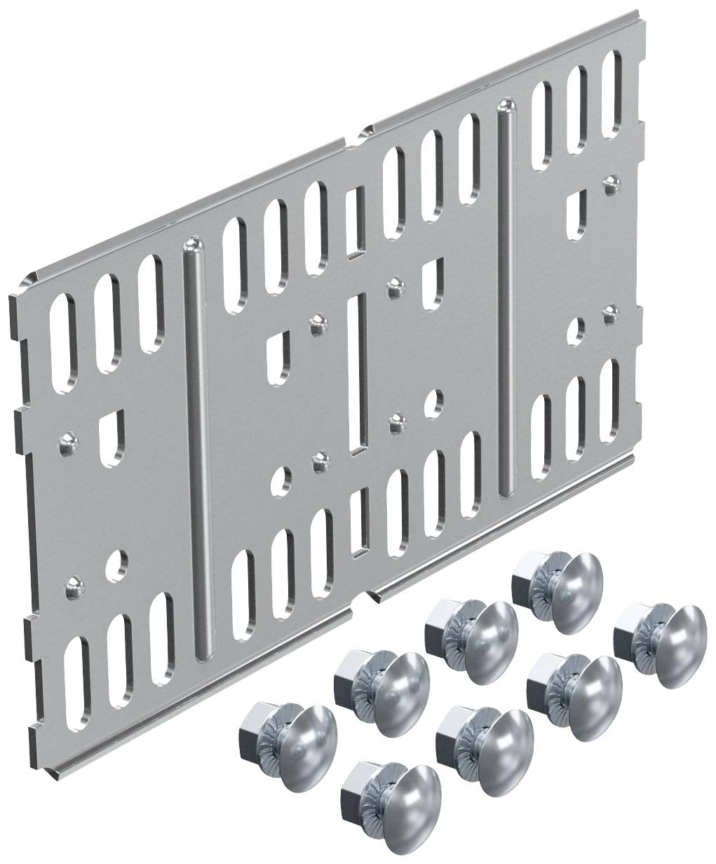 Ein silbernes Montageset bestehend aus einer rechteckigen Metallplatte mit Schlitzen und acht passenden Schraubverbindungen.