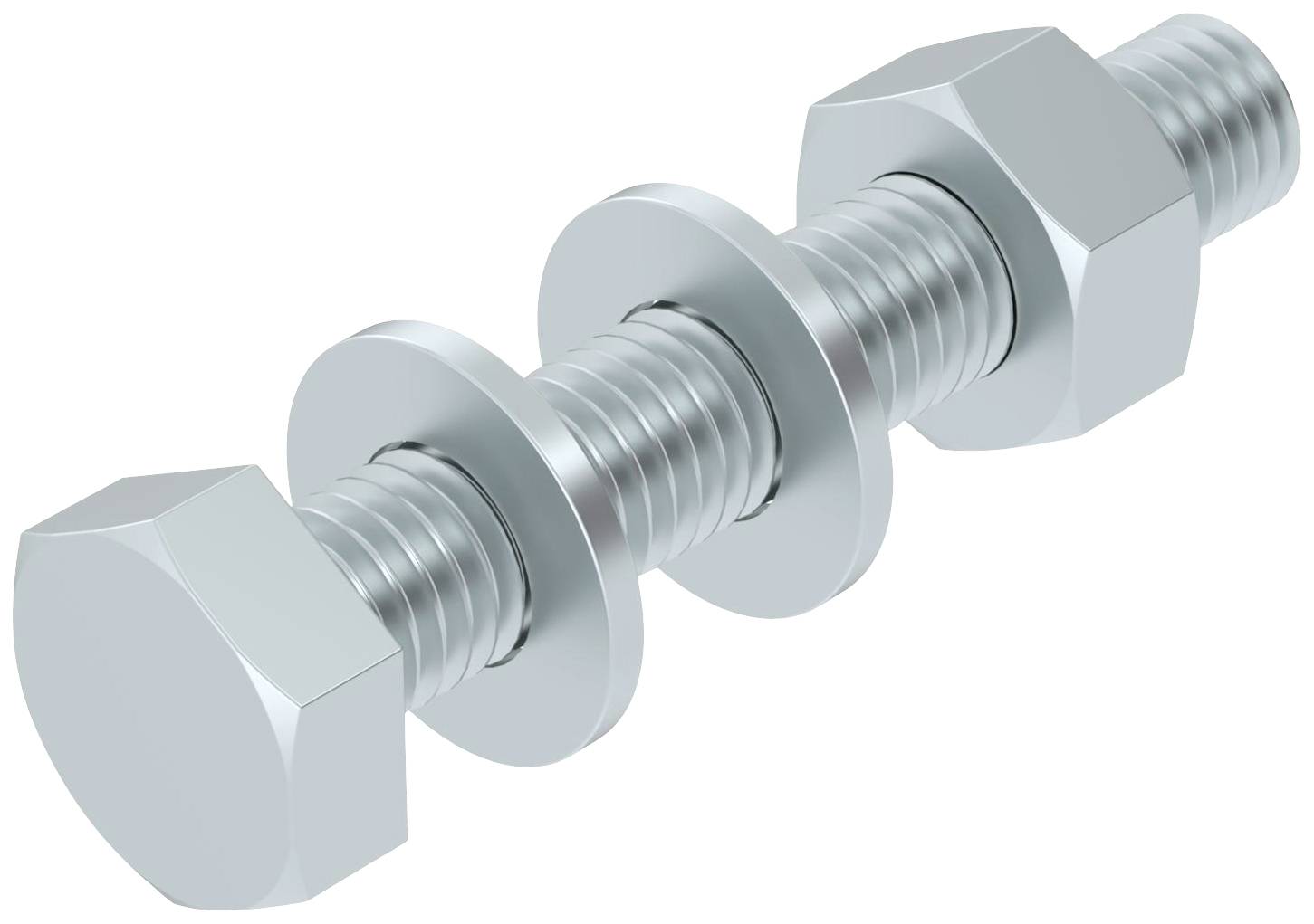 Eine Schraube mit zwei Muttern und zwei Unterlegscheiben aus Metall, die auf einem Gewinde angeordnet sind.