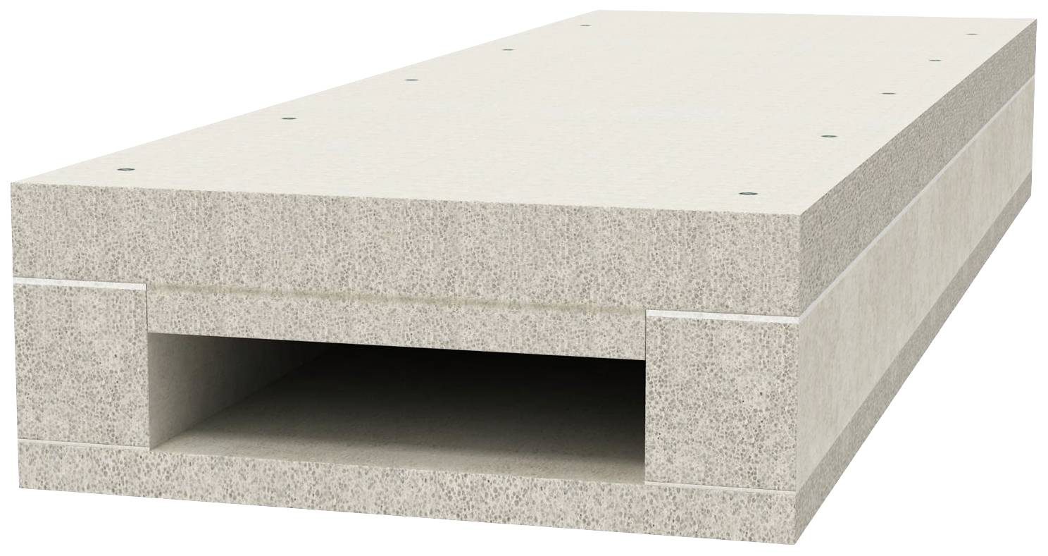 Betonplatte mit quadratischem Hohlraum in der Mitte, zeigt Konstruktionsweise für leichtere Bauanwendung.