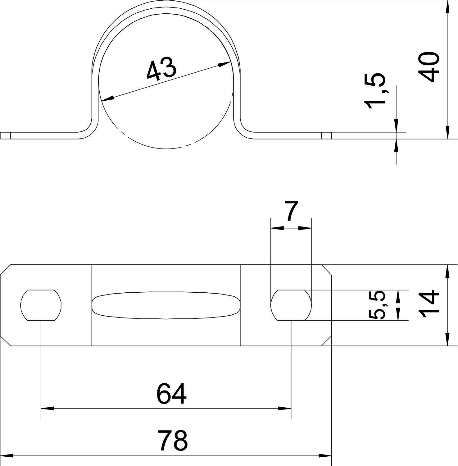 Technische Zeichnung eines Metallclips mit Maßen: oberer Durchmesser 43mm, Höhe 40mm, Breite 78mm, Löcher an den Enden.