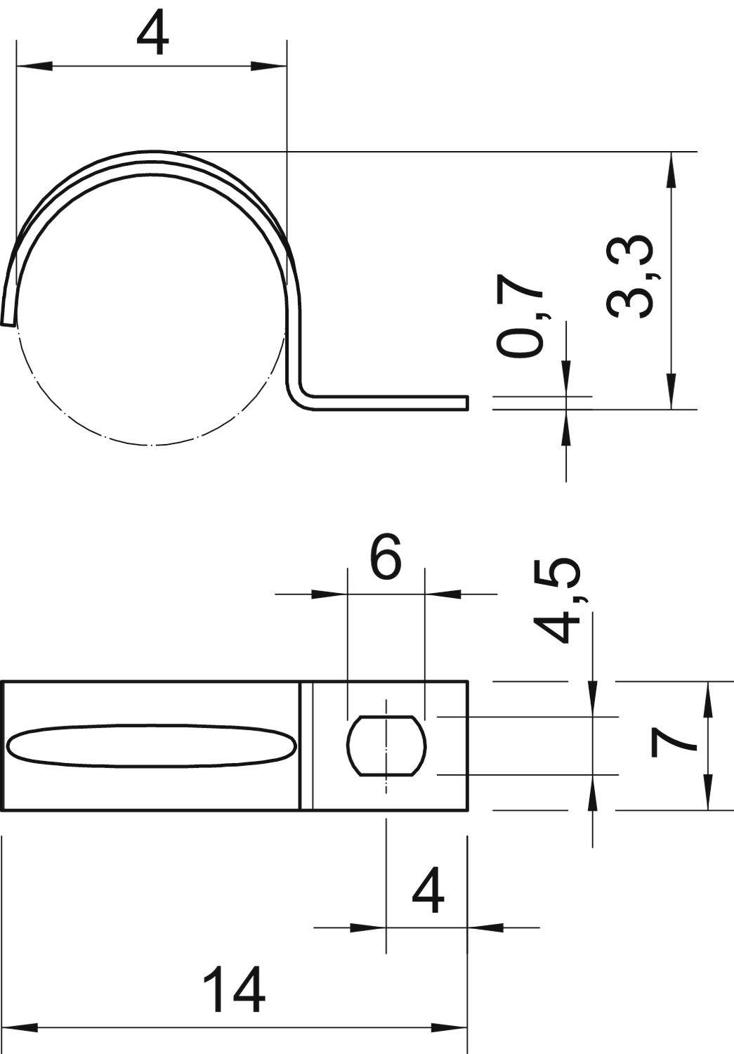 Technische Zeichnung eines Metallclips. Zeigt Maße: Höhe 4,5 mm, Breite 7 mm, Länge 14 mm. Details für Bohrung und Biegung angegeben.