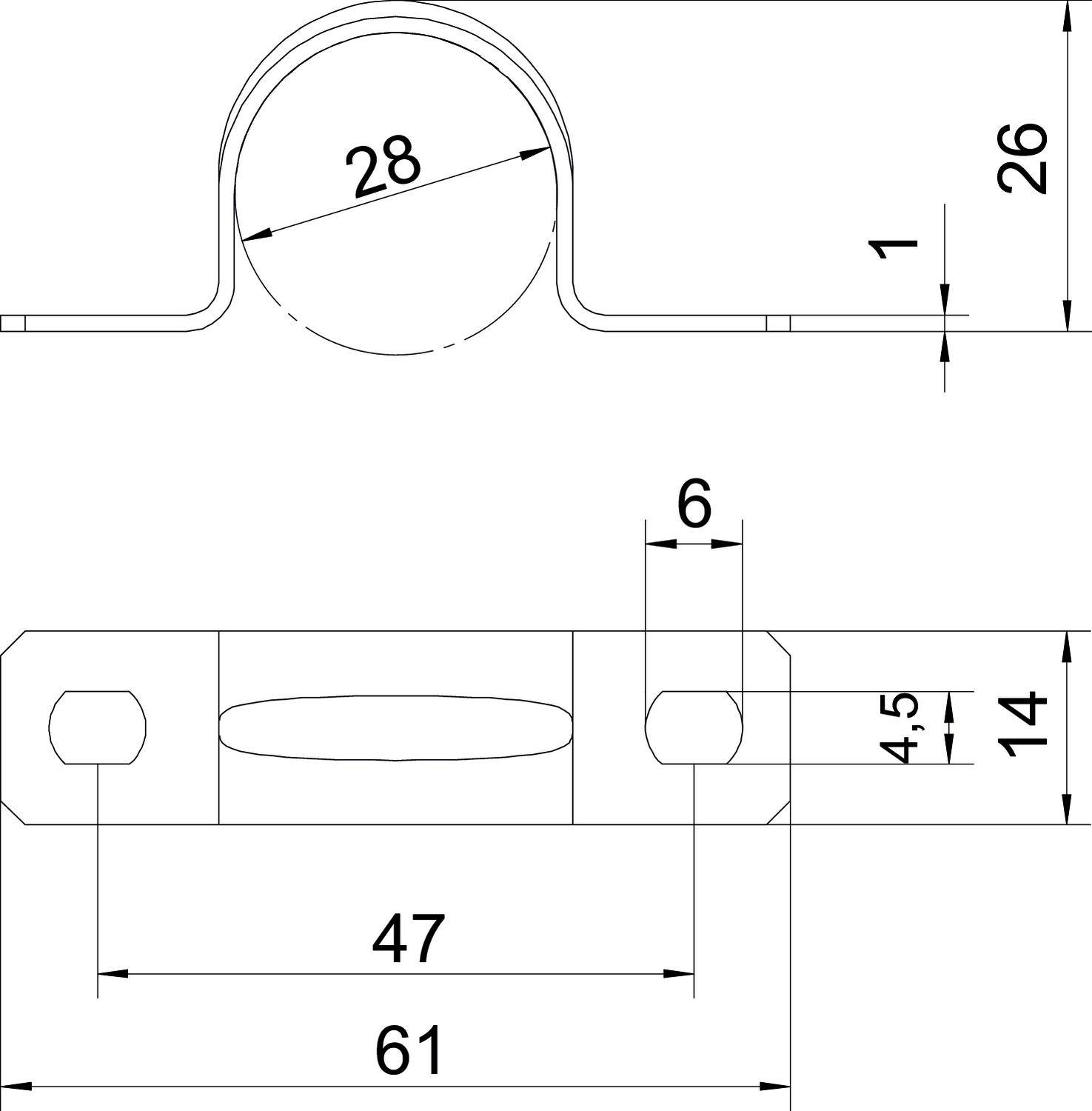 Technische Zeichnung eines Halters. Oben: Querschnitt mit Maßen 28, 1, 26. Unten: Draufsicht mit Maßen 6, 4.5, 14, 47, 61.