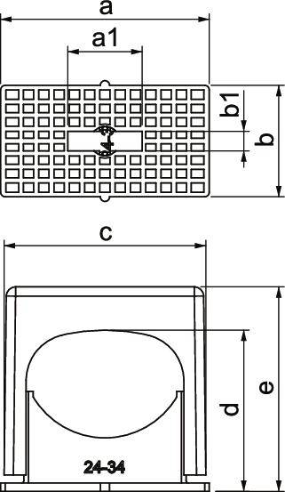 Technische Zeichnung einer Kabelträger-Abdeckung. Oben: Gittermuster mit Maßen a, a1, b, b1. Unten: Seitenansicht mit Maßen c, d, e.