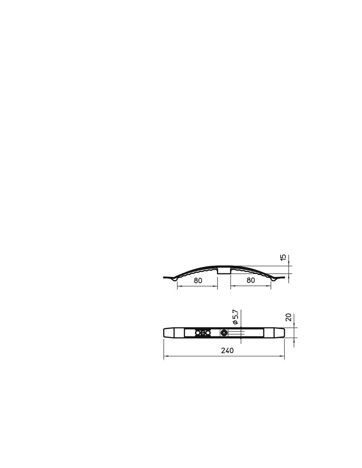 Technische Zeichnung eines Bauteils mit Maßen: Länge 240 mm, Breite 80 mm. Höhenprofil und Frontansicht mit Detailansicht.