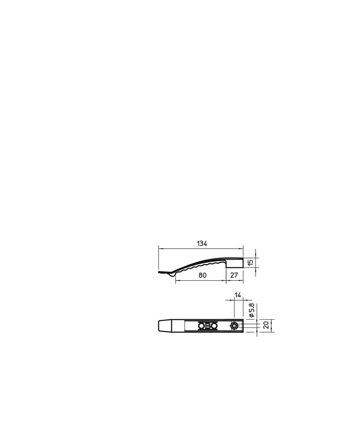 Technische Zeichnung eines Profils mit Bemaßungen: Länge 134 mm, Breite 80 mm, Höhe 27 mm, zwei Bohrungen in der Seitenansicht.