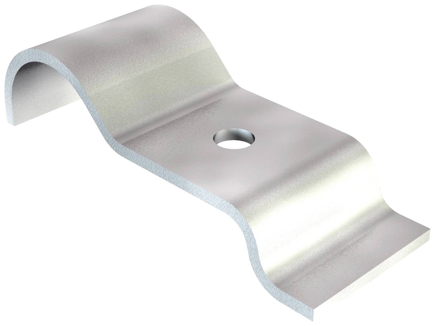 Metallclip, gebogenes Design, mit mittigem Loch für Befestigungen. Hauptsächlich zur Montage oder Stabilisierung von Objekten verwendet.
