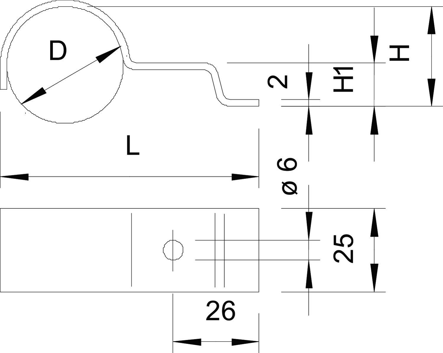 Technische Zeichnung eines Metallclips mit Maße: Durchmesser (D), Länge (L), Gesamtbreite (26 mm), Lochdurchmesser (ø 6 mm), Gesamthöhe (H), Teilhöhe (H1).