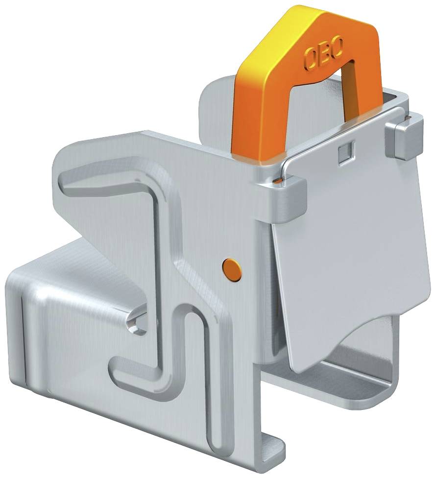 Ein silbernes, metallisches Gerät mit einem orangefarbenen Griff. Es scheint ein mechanisches Bauelement oder Werkzeug zu sein.