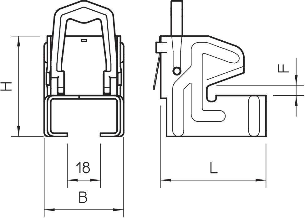 Technische Zeichnung eines Metallprofils mit den Maßen H, B, L und F. Zeigt eine seitliche und frontale Ansicht der Bauteilstruktur.